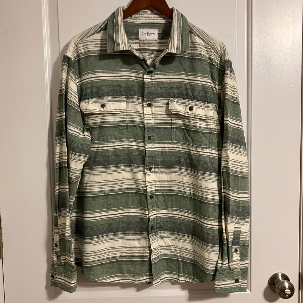 Goodfellow & Co Mens XL Green Striped Flannel Button Down Shirt Long Sleeve